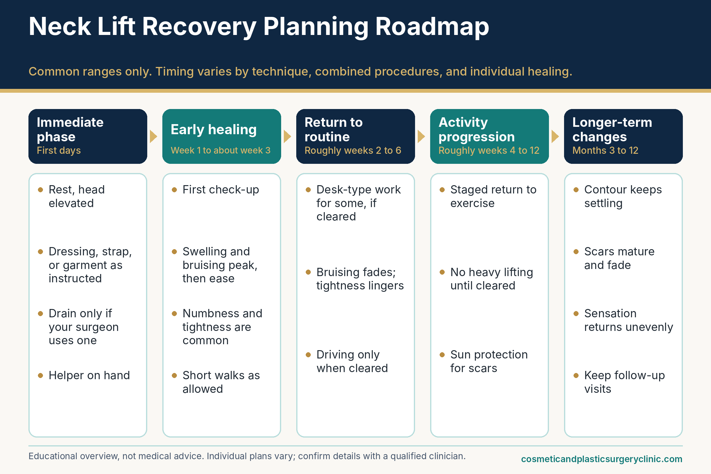 Recovery roadmap for neck lift recovery: immediate phase, early healing, return to routine, and activity progression.
