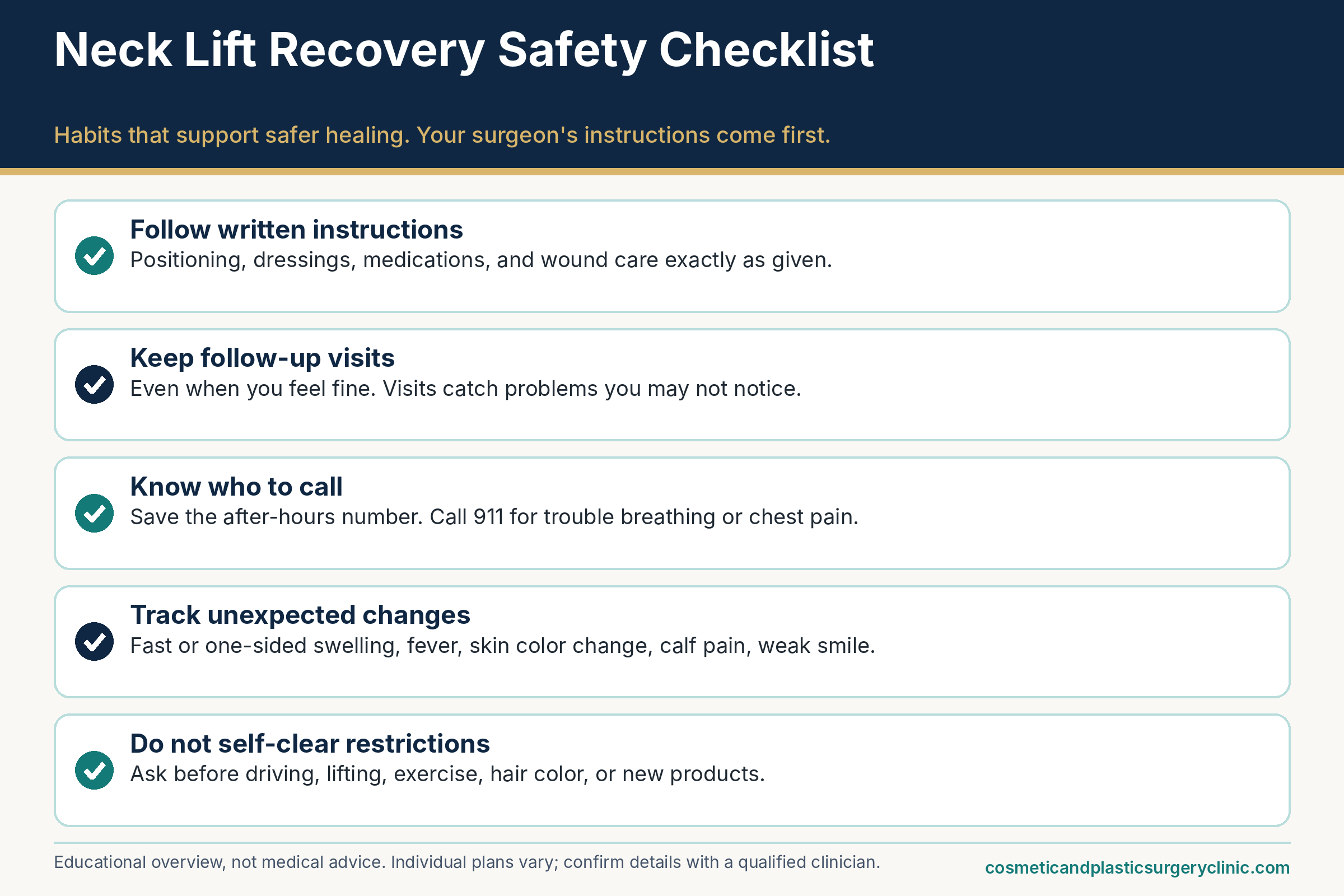 Recovery safety checklist for neck lift recovery: follow written instructions, keep follow-up visits, know who to call, and track unexpected changes.