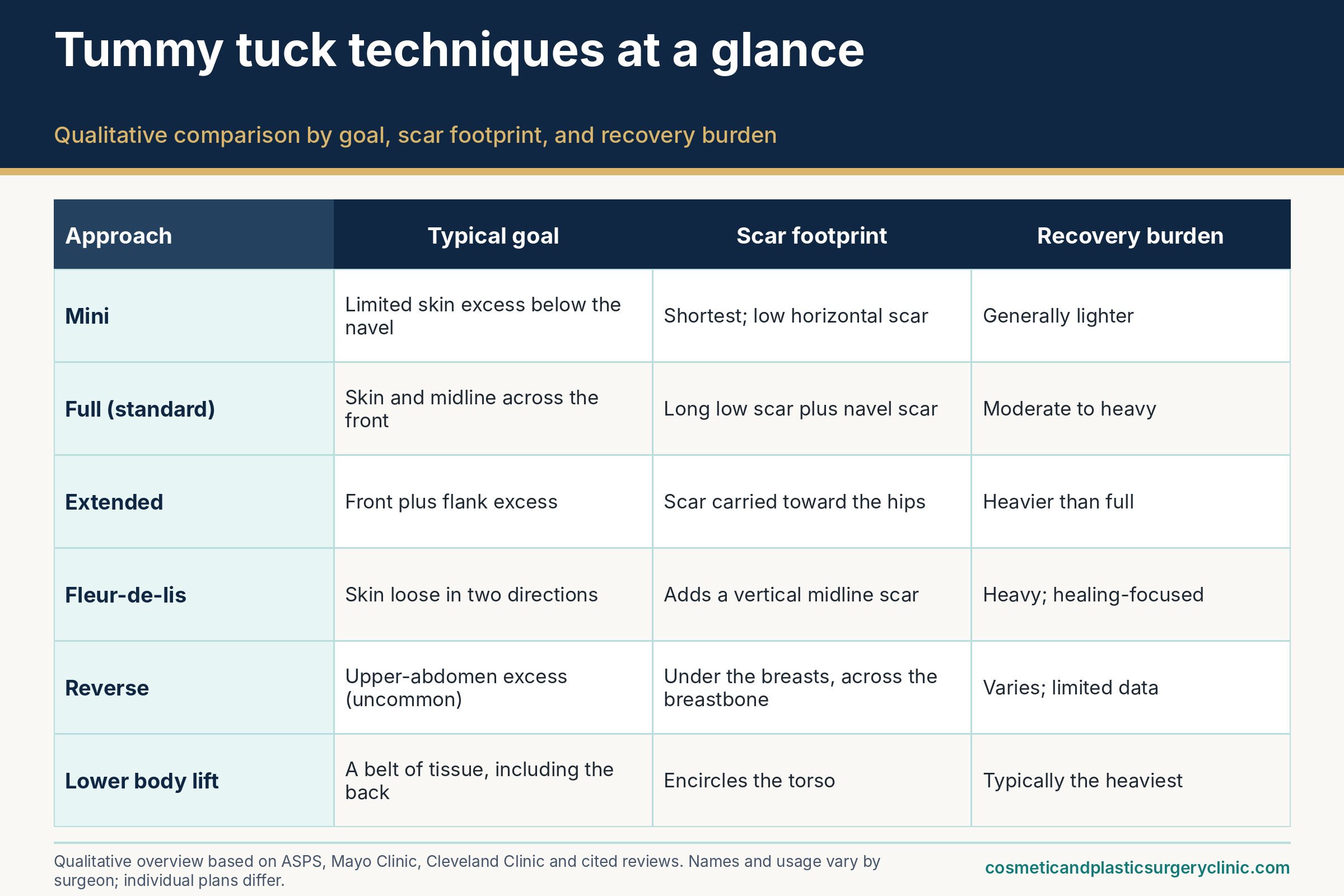 Comparison table of mini, full, extended, fleur-de-lis, reverse and lower body lift tummy tuck approaches by typical goal, scar footprint and recovery burden.