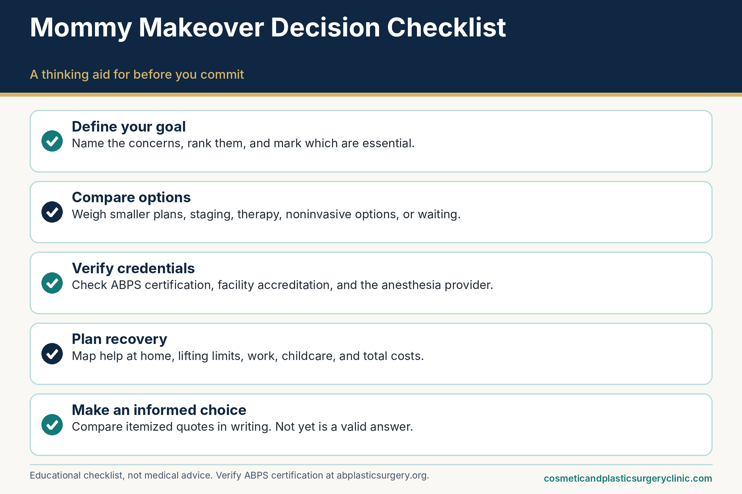 Mommy makeover decision checklist: define your goal, compare options, verify credentials, plan recovery and make an informed choice.