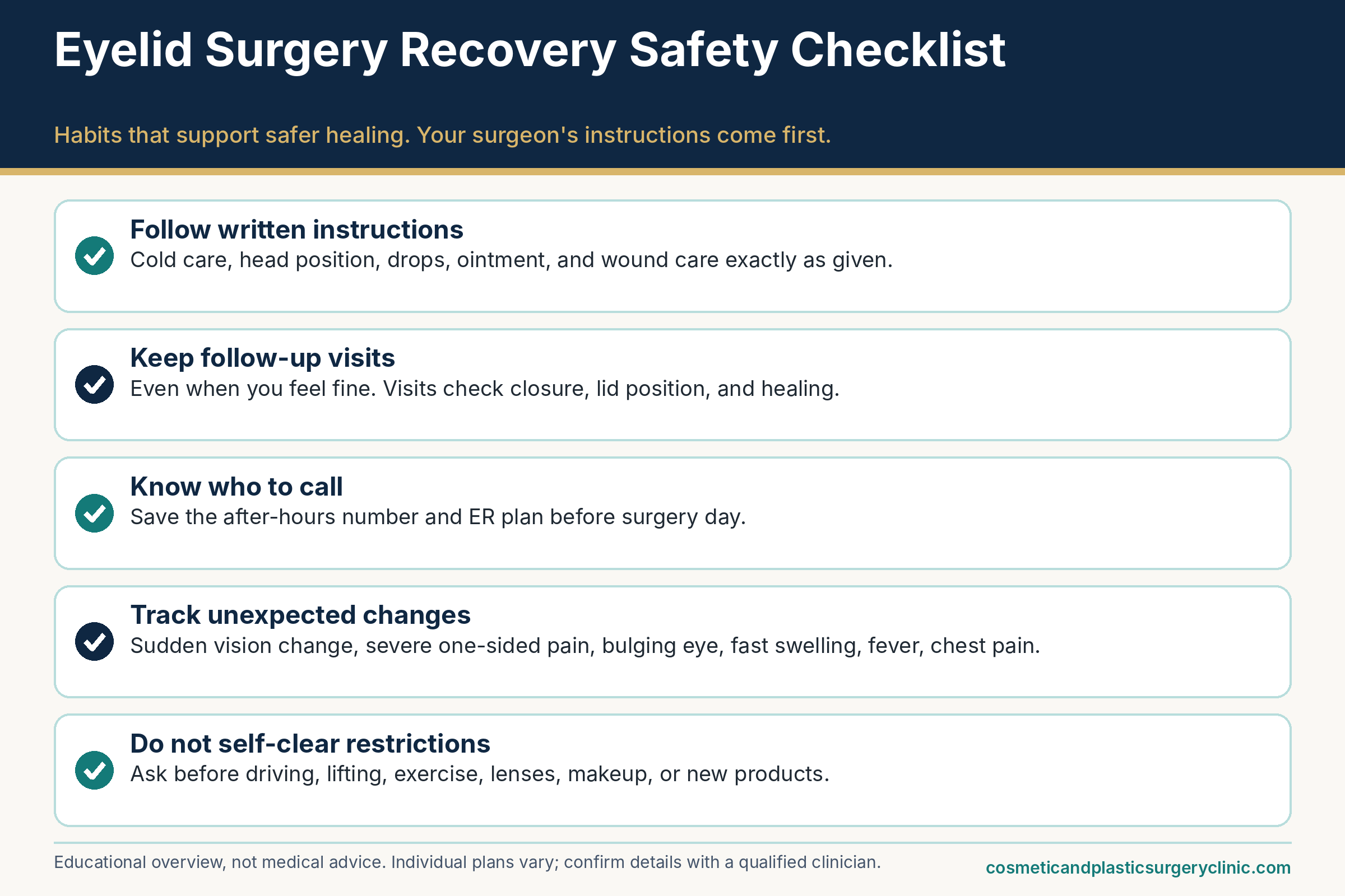 Blepharoplasty recovery safety checklist for eyelid surgery: follow written instructions, keep follow-up visits, know who to call, track unexpected changes, and do not self-clear restrictions.